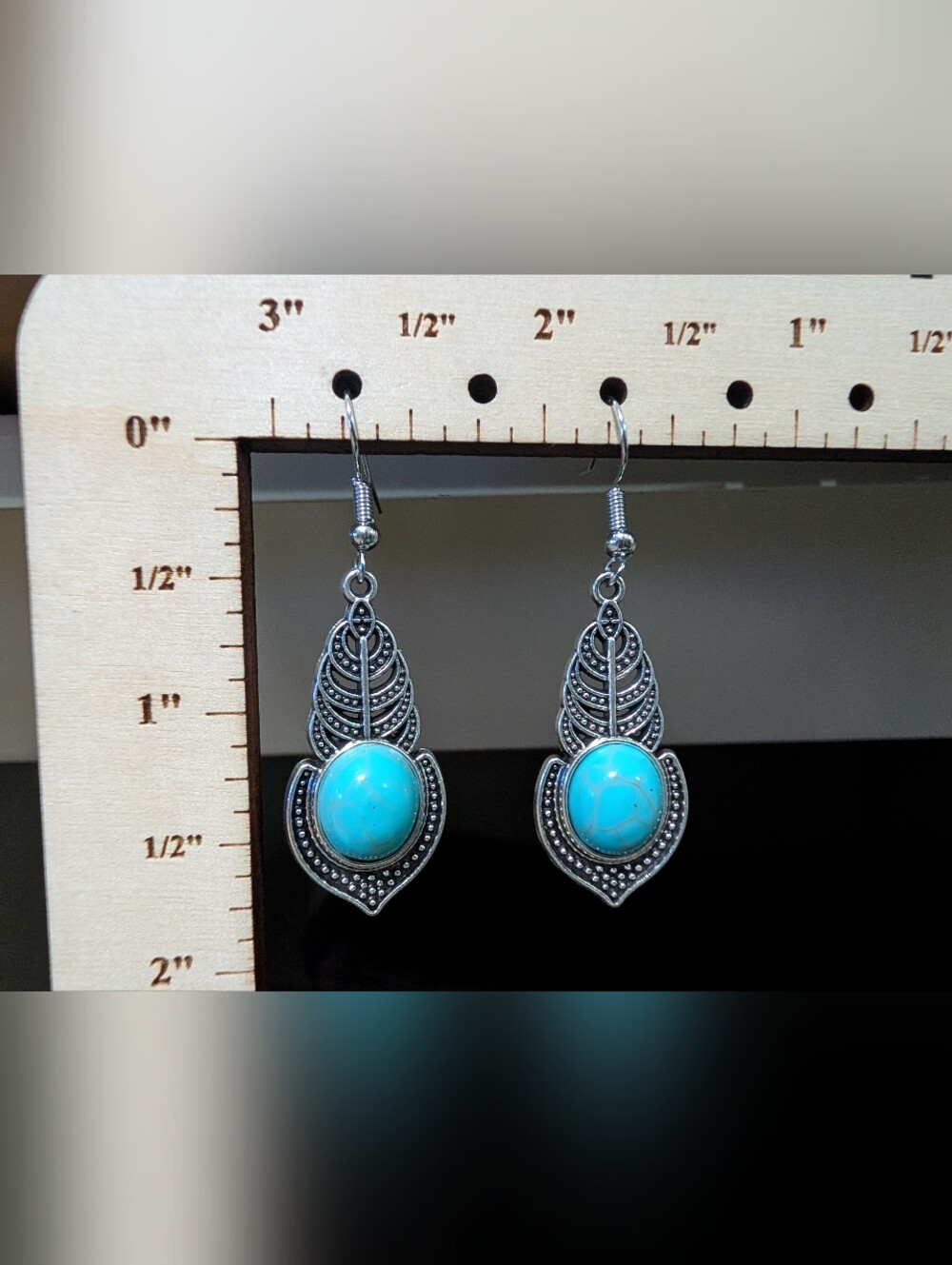 Silver Leaf Drop Earrings with Turquoise Cabochon